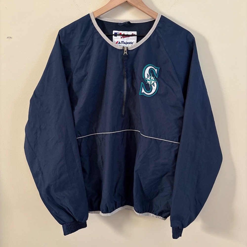 Majestic Seattle Mariners MLB Quarter Zip Windbreaker Navy Blue Mens Small VTG